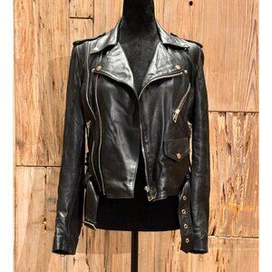 Manokhi Womens Cropped Leather Biker Jacket Black Slim Fit Small